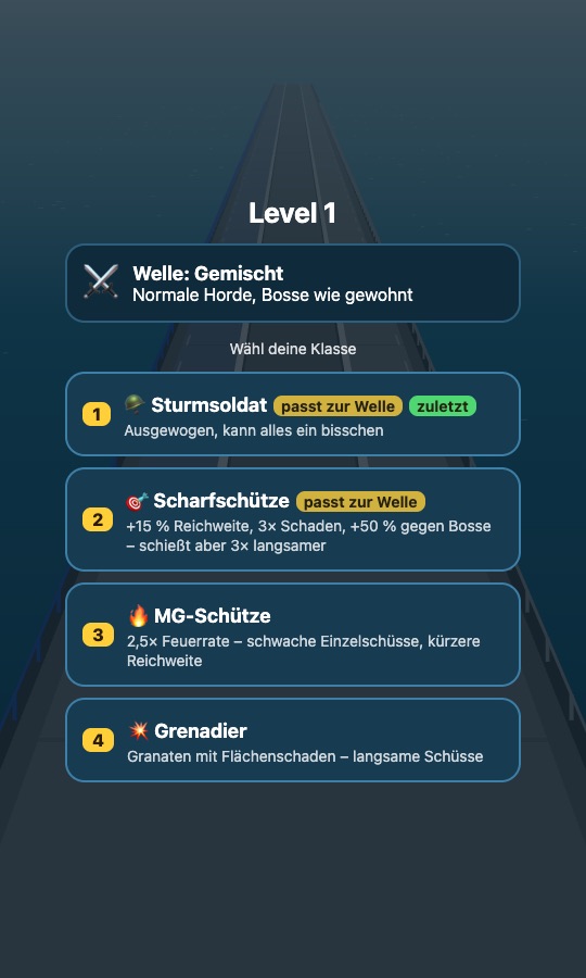 Levelstart: Wellen-Vorschau und Auswahl der vier Klassen