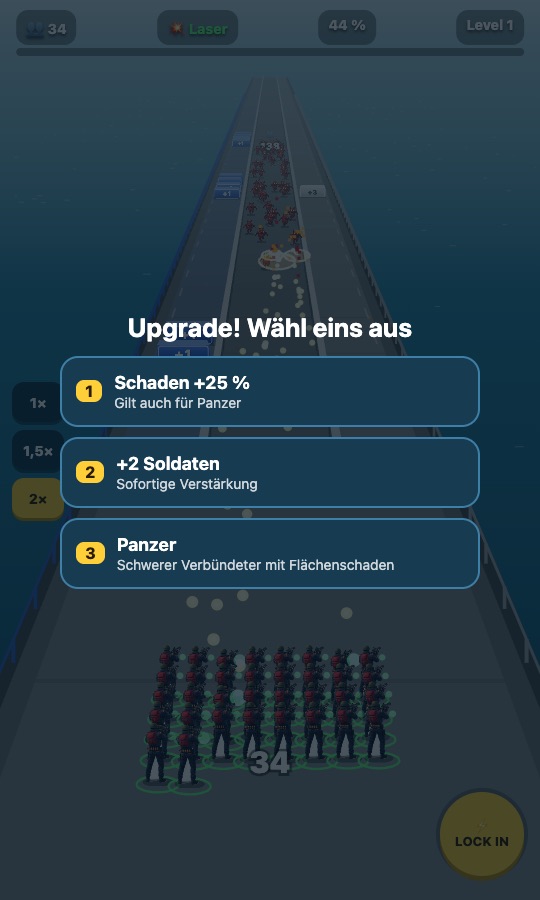 Upgrade-Auswahl mit drei Karten: Schaden, Soldaten, Panzer