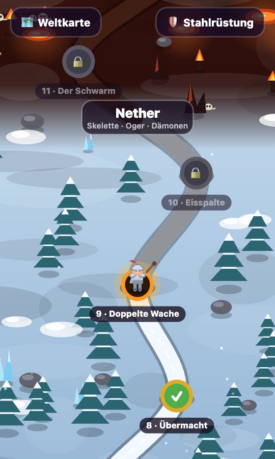 Weltkarte: verschneiter Weg durch den Frostgipfel, oben beginnt der Nether