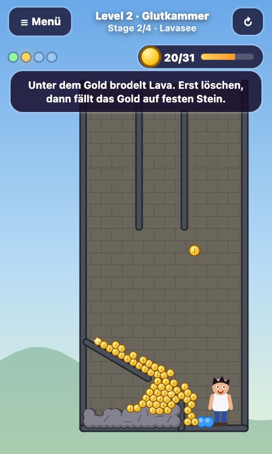 Rätsel-Modus: Gold rollt über einen Steinblock aus erstarrter Lava zum Helden